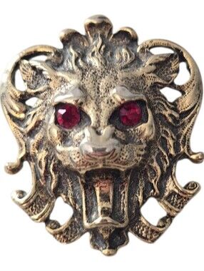 Vintage MCM Regency Style Lion Head Gold Tone Brooch With Red Rhinestone Eyes